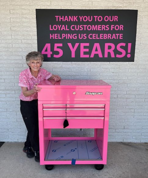 Lucinda celebrated 45 years in business and her 75th birthday with a brand new, PINK Snap-on toolbox!